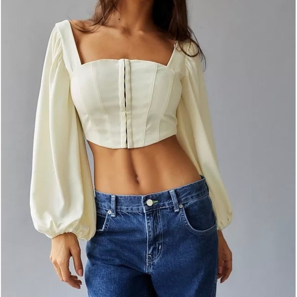 Urban Outfitters Corset Crop Top Ivory Balloon Sleeve S NWT Romantic Ren Faire